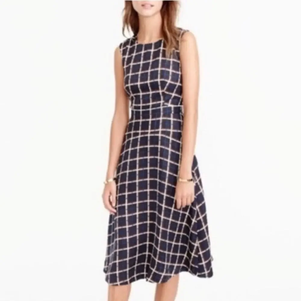 J.Crew Silk Windowpane A-Line Midi Dress Black Tan Navy Jewel Neck Classic 4 NWT